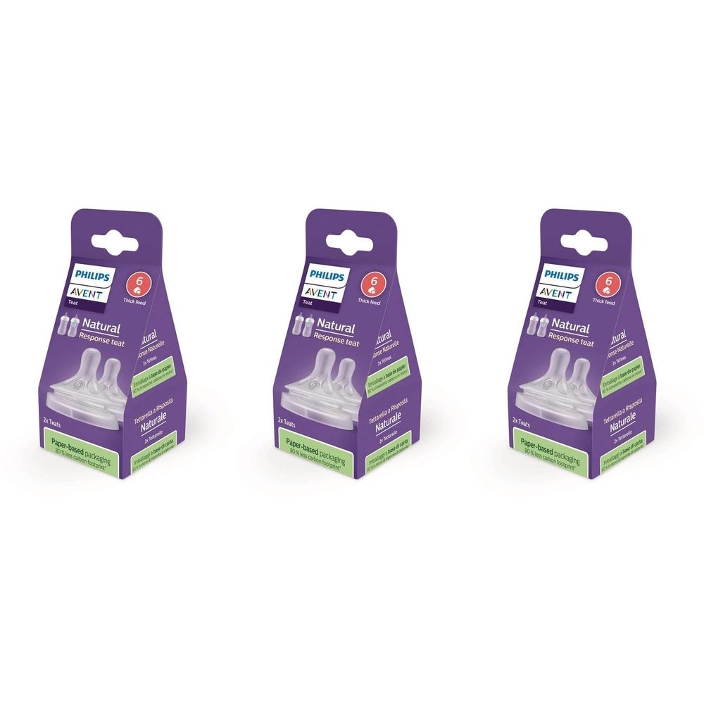 Trois boîtes de tétines Philips Avent Natural 3.0. Emballage violet avec image et texte du produit. 6m+.