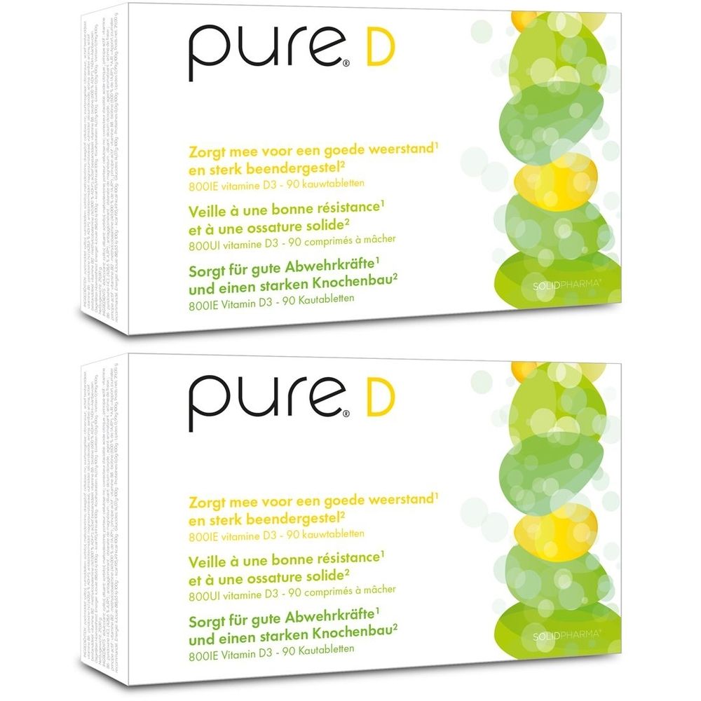 Deux boîtes blanches avec "pure. D". Texte en allemand, néerlandais et français. Illustration de cercles verts et jaunes.