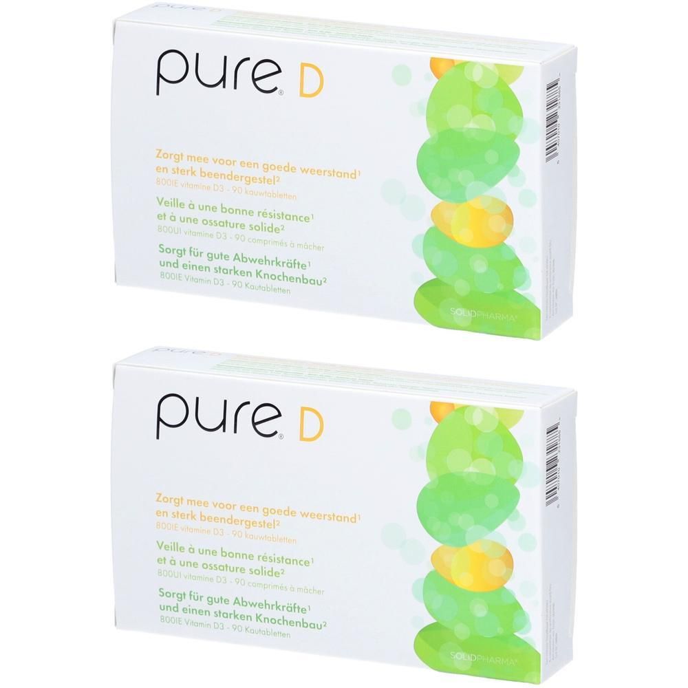 Twee witte dozen met "pure. D"-logo en tekst. Groen-gele illustratie. Tekst in het Duits, Frans en Nederlands.
