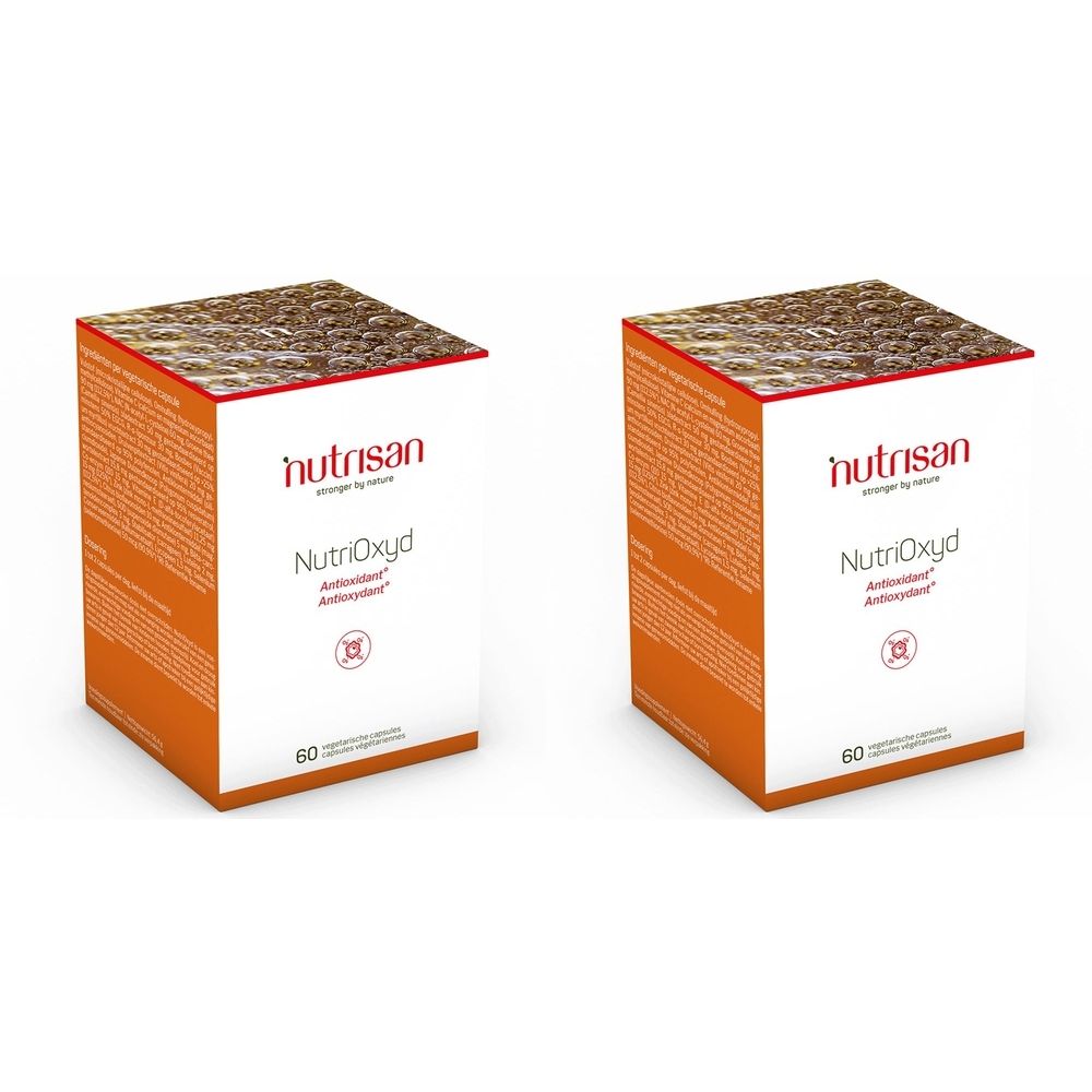 Deux boîtes carrées. Inscription: Nutrisan, NutriOxyd, Antioxydant. 60 gélules végétales. Emballage orange et blanc.