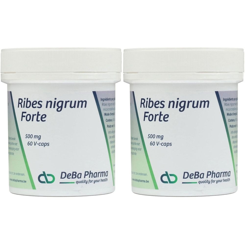 Deux pots blancs avec l'inscription Ribes nigrum Forte, 500 mg, 60 V-caps. Logo DeBa Pharma.