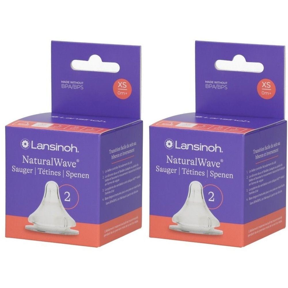 Deux boîtes de tétines LANSINOH® NaturalWave®. Emballage violet avec nom et logo du produit. Chaque boîte indique "XS" et "2".