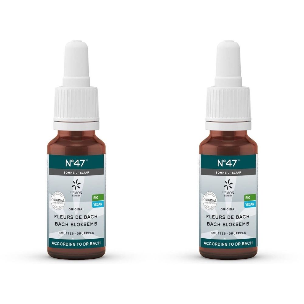Twee bruine flesjes met witte doppen. Labels met "N°47", "Fleurs de Bach" en "Bach Bloesems".