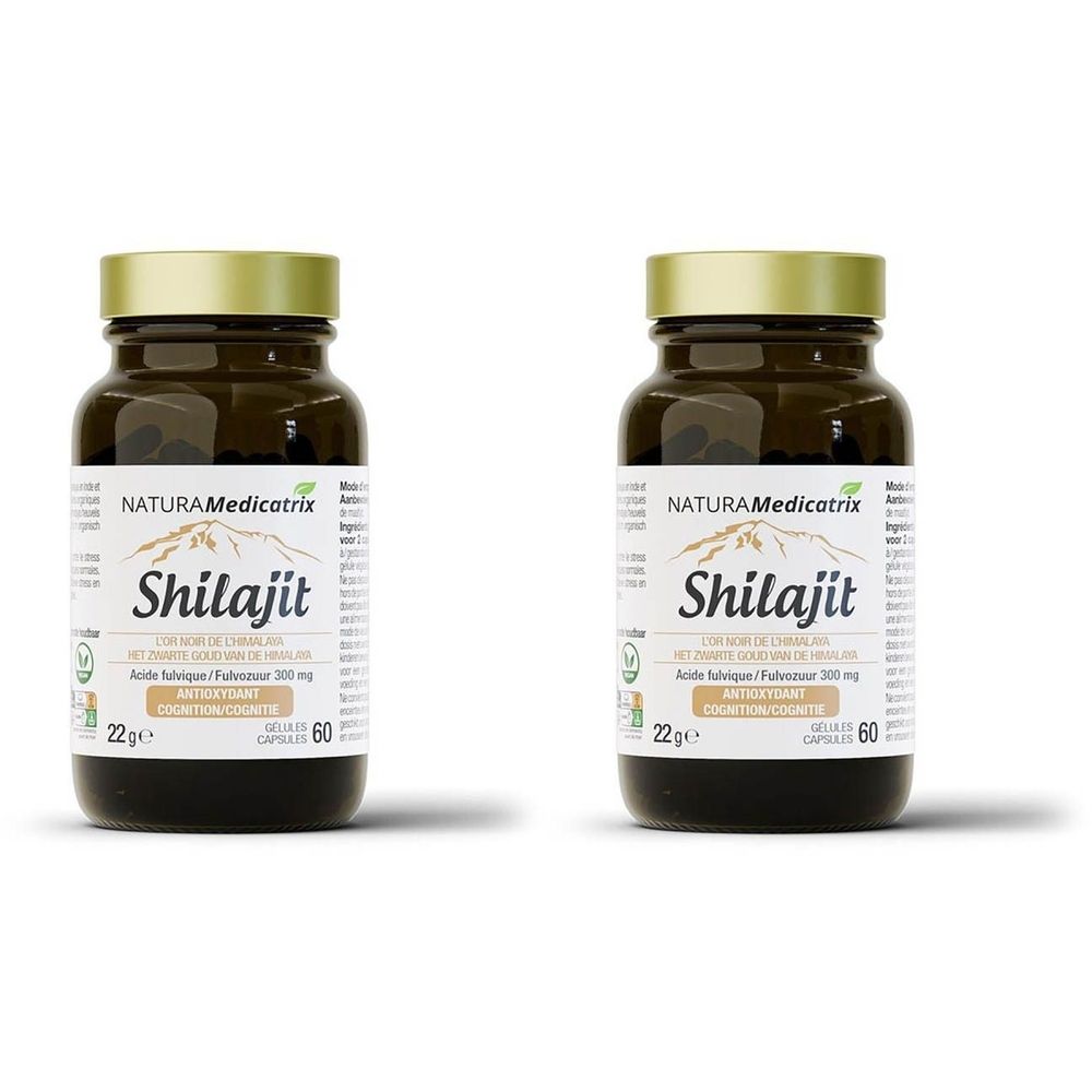 Twee bruine glazen flessen met gouden doppen. De etiketten tonen "NaturaMedicatrix Shilajit".