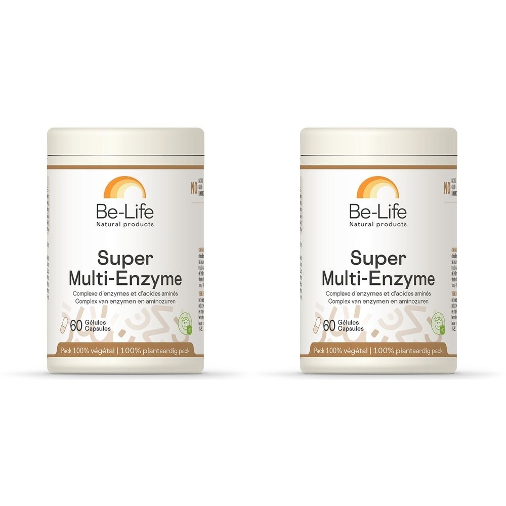 Twee witte potten met "Be-Life Super Multi-Enzyme". Opschrift: 60 capsules. 100% plantaardig.