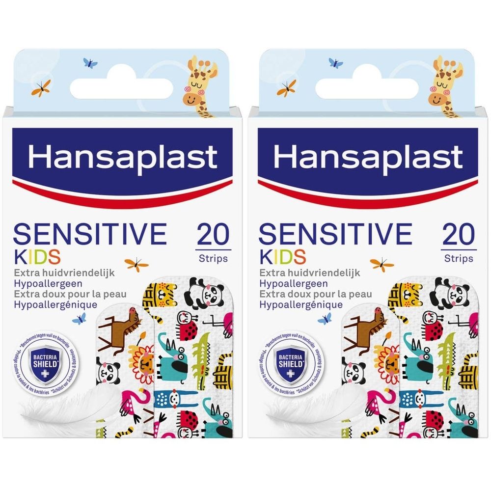 Twee verpakkingen Hansaplast Sensitive Kids pleisters. Opschrift: 20 strips, KIDS, hypoallergeen. Kleurrijke dierenpatronen op de pleisters.