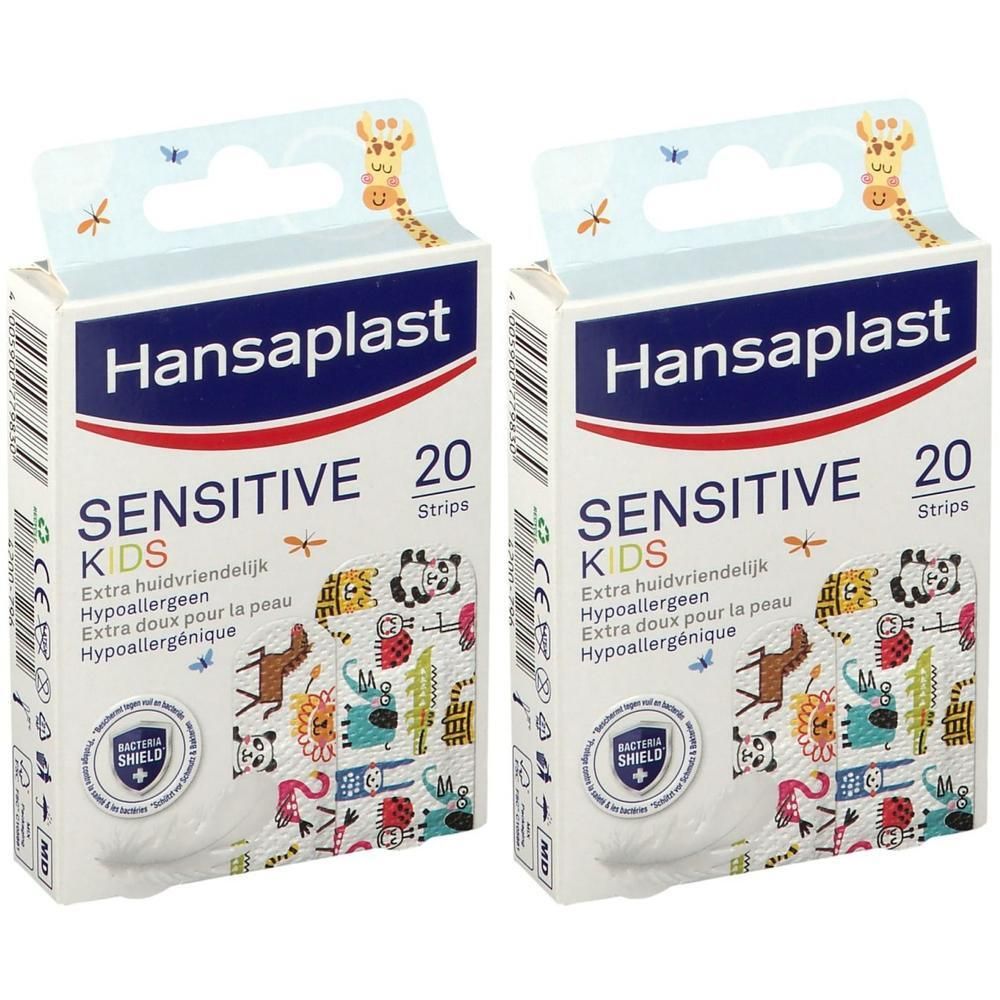 Deux boîtes de pansements Hansaplast SENSITIVE Kids. Emballage blanc avec nom du produit et motifs animaux. 20 pansements.