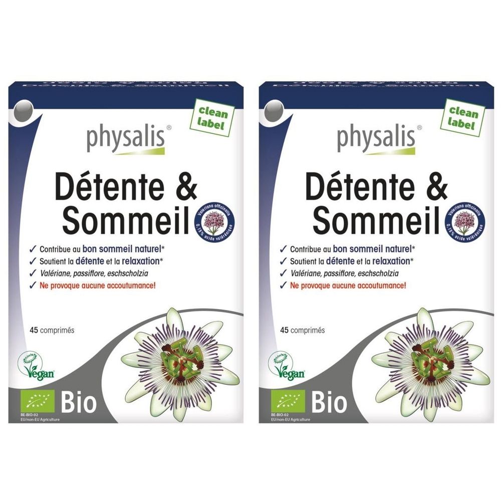 Deux boîtes de Physalis Détente & Sommeil, 45 comprimés. Certifié bio, vegan. Avec illustration florale.