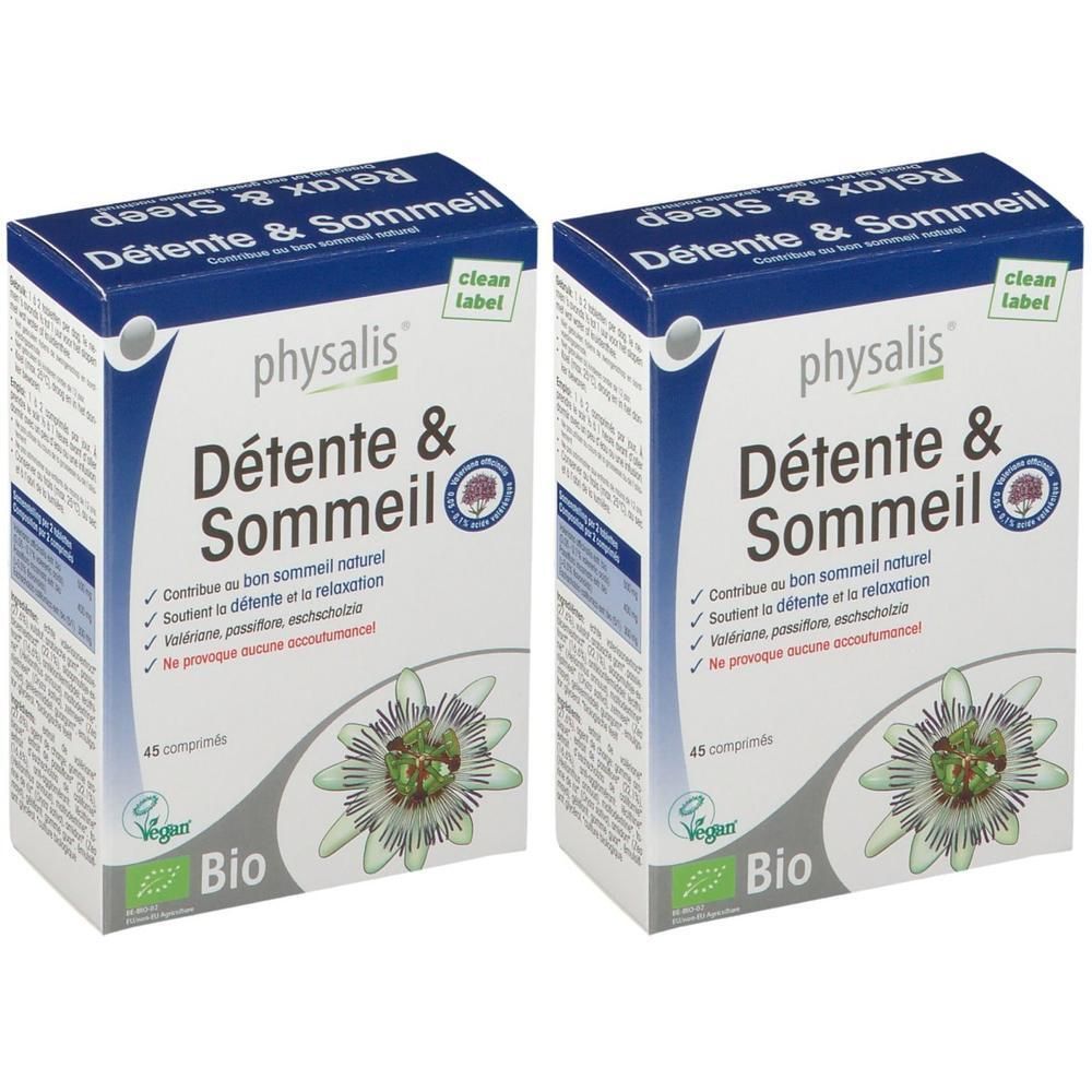 Twee dozen "physalis Détente & Sommeil" tabletten. Blauw-witte verpakking met logo, tekst en bloemmotief. Vegan en Bio labels.