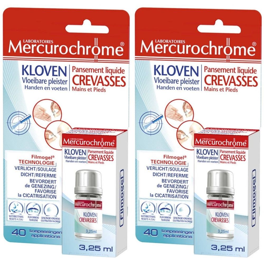 Deux emballages de Mercurochrome KLOVEN, pansement liquide pour crevasses. Contient un flacon de 3,25 ml. Emballage pour 40 applications.