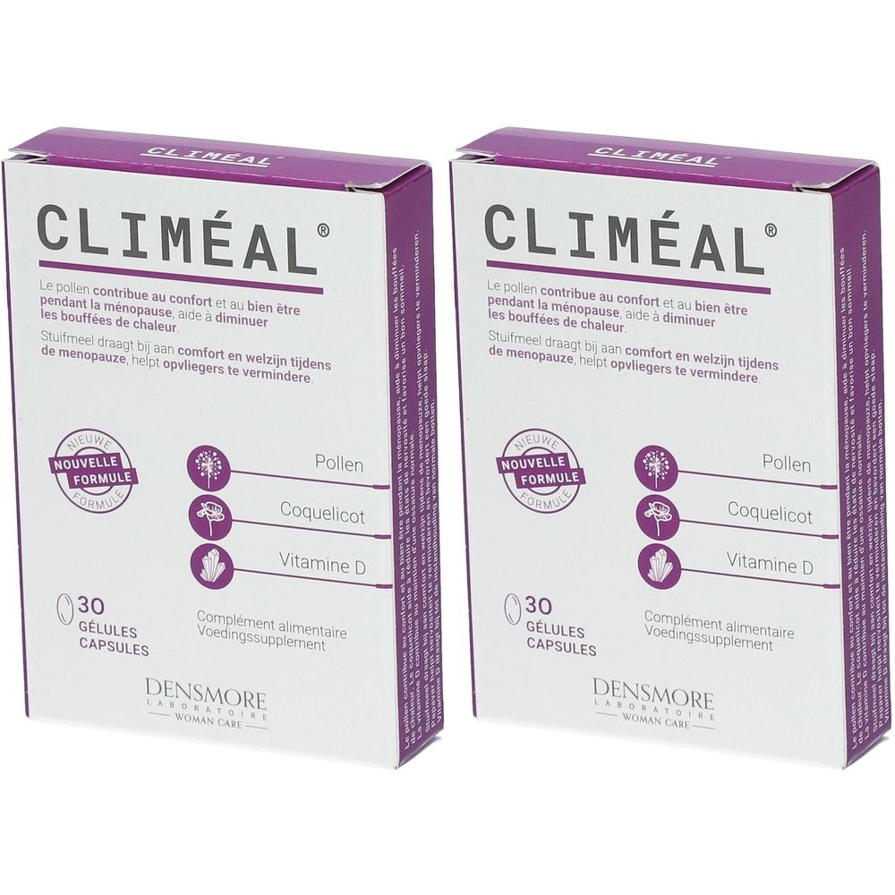 Twee dozen Climéal®. Opschrift: 30 capsules. Bevat pollen, coquelicot, vitamine D. Merk: Densmore.