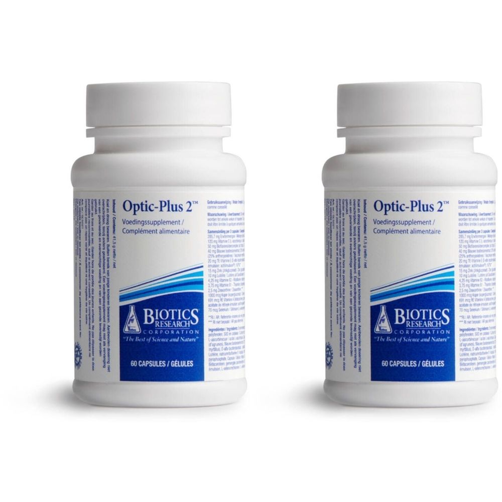Twee witte flessen Optic-Plus 2. Opschrift: Biotics Research Corporation. 60 capsules.