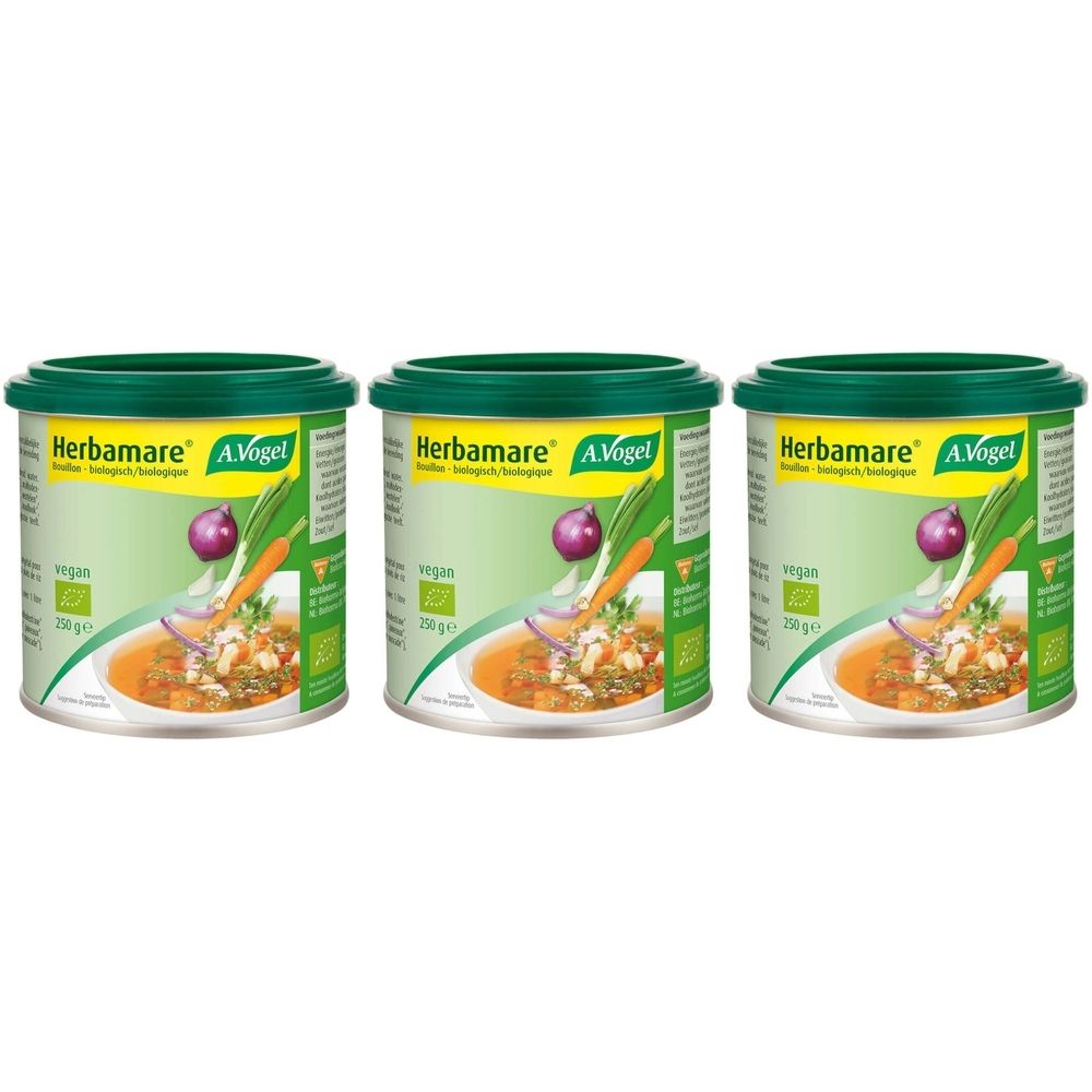 Trois boîtes avec couvercles verts. Inscription Herbamare A.Vogel, illustration de légumes. Vegan, label bio. Contenu 250g.