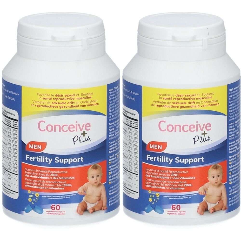 Twee witte flessen met blauwe en gele etiketten. De etiketten tonen "Conceive Plus Men Fertility Support".