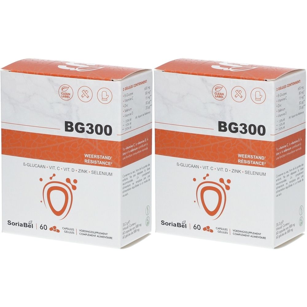 Twee dozen SoriaBel BG300. Opschrift: 6-Glucaan, Vit C, Vit D, Zink, Selenium. 60 capsules. Oranje en witte verpakking.