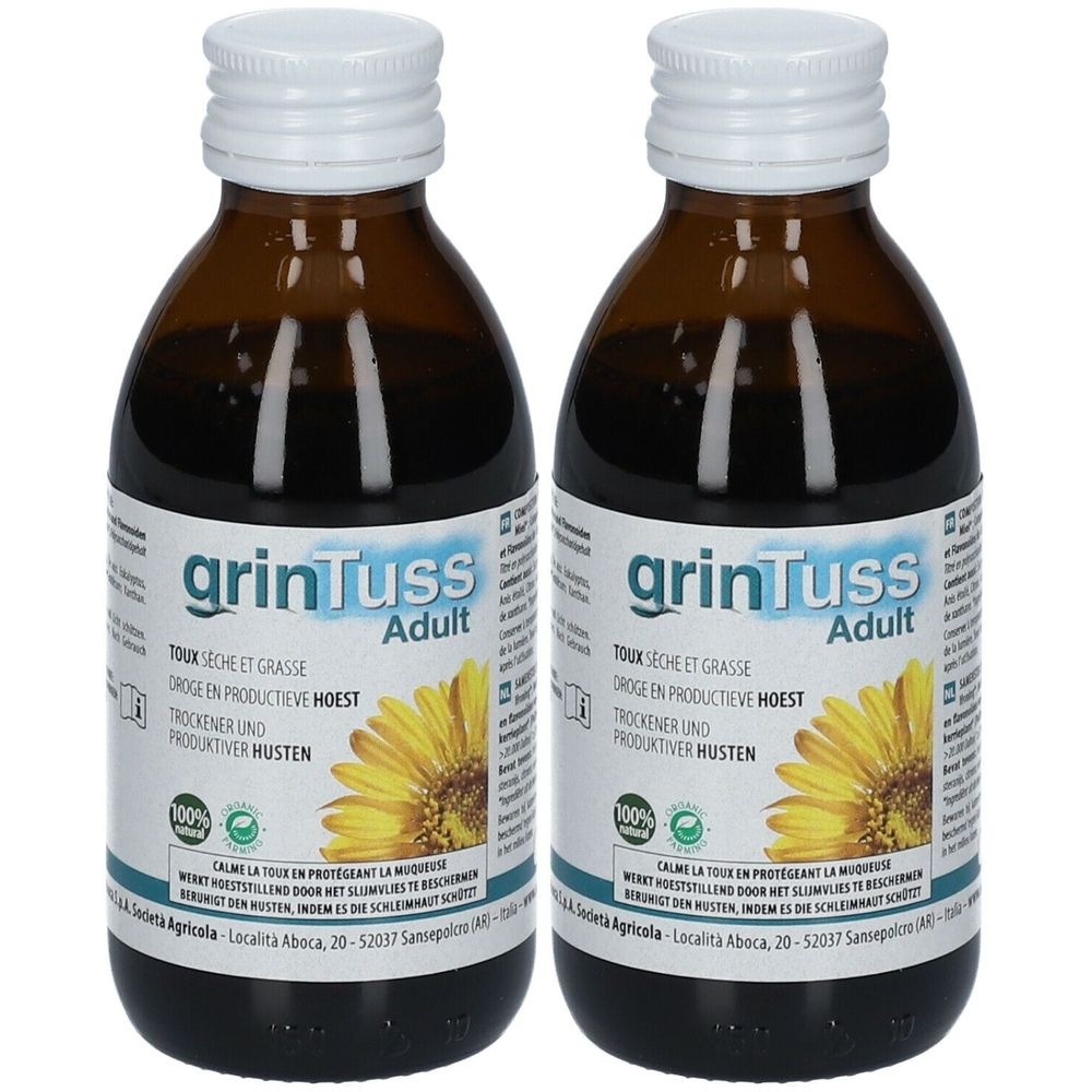Deux flacons de grinTuss Adult. Flacons en verre brun avec bouchon blanc et étiquette. L'étiquette indique grinTuss Adult et un motif de tournesol.