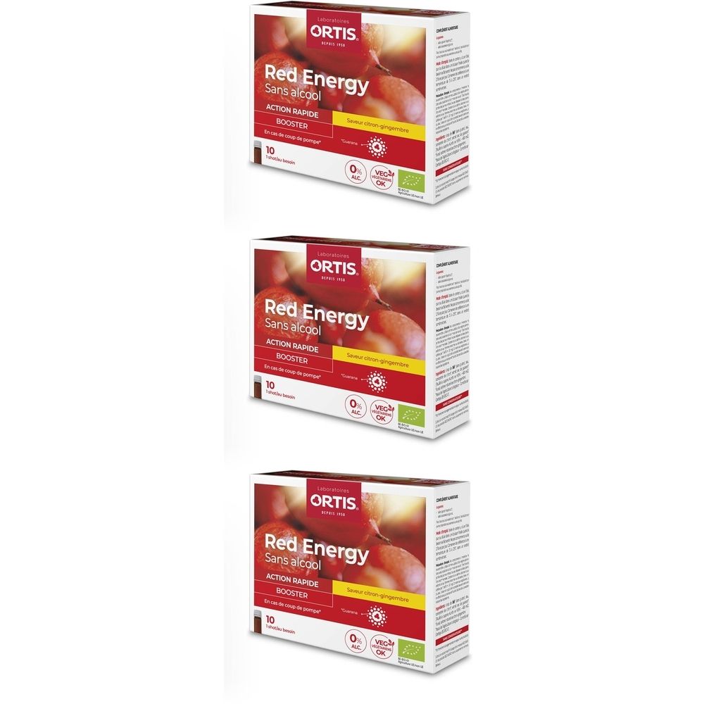 Trois boîtes Ortis® Red Energy Sans alcool. Emballage rouge et blanc avec nom et logo du produit. 10 sachets.