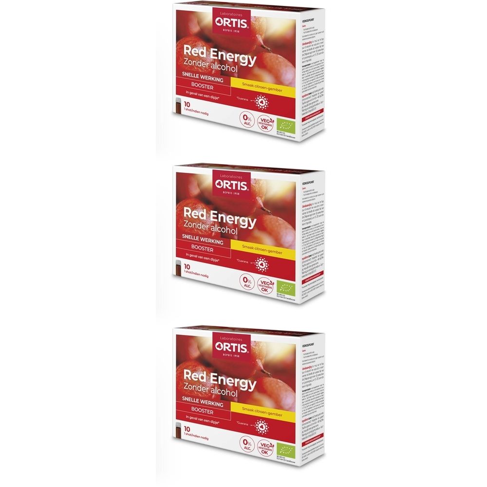 Drie dozen Ortis® Red Energy zonder alcohol. Rode en witte verpakking met productnaam en logo. 10 zakjes.