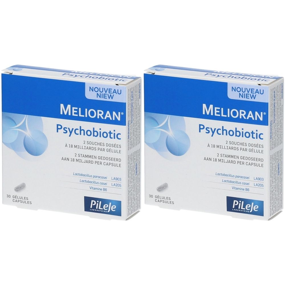 Twee dozen "Melioran Psychobiotic". Blauw-witte verpakking met productinformatie en Pileje-logo. "Nouveau/Nieuw" bovenaan.