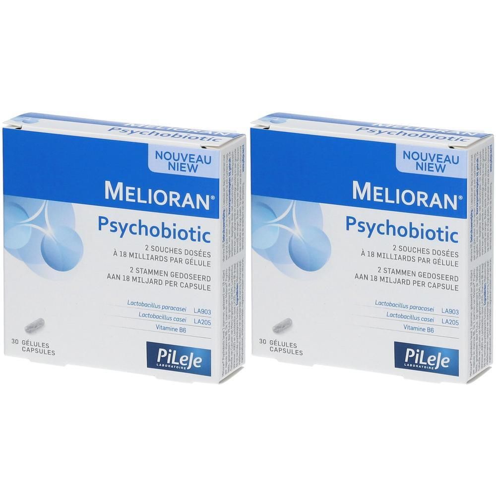 Deux boîtes de Melioran Psychobiotic. Emballage bleu et blanc avec informations et logo.