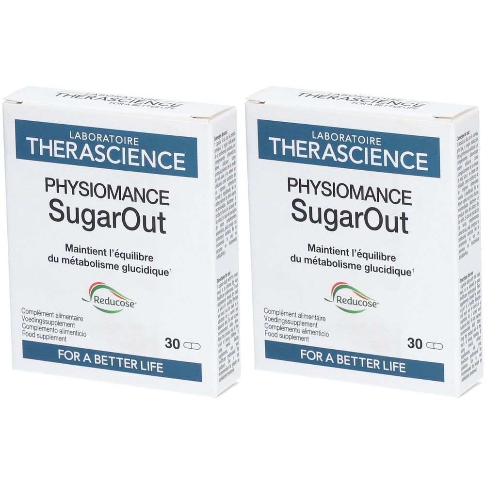 Twee witte dozen met PHYSIOMANCE SugarOut. Opschrift: LABORATOIRE THERASCIENCE. Bevat 30 tabletten. Opschrift: FOR A BETTER LIFE.