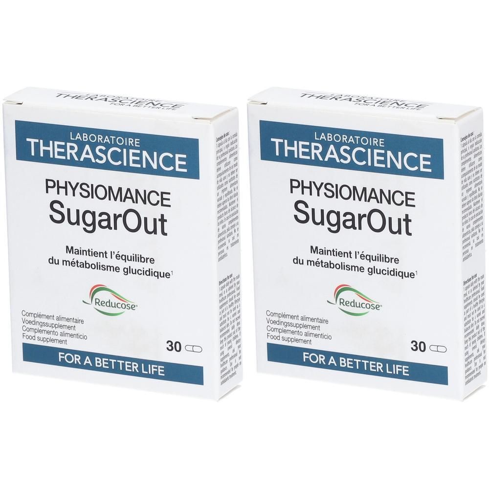 Twee witte dozen met blauwe tekst. Opschrift: Laboratoire Therascience, Physiomance SugarOut. 30 capsules. Voor een beter leven.