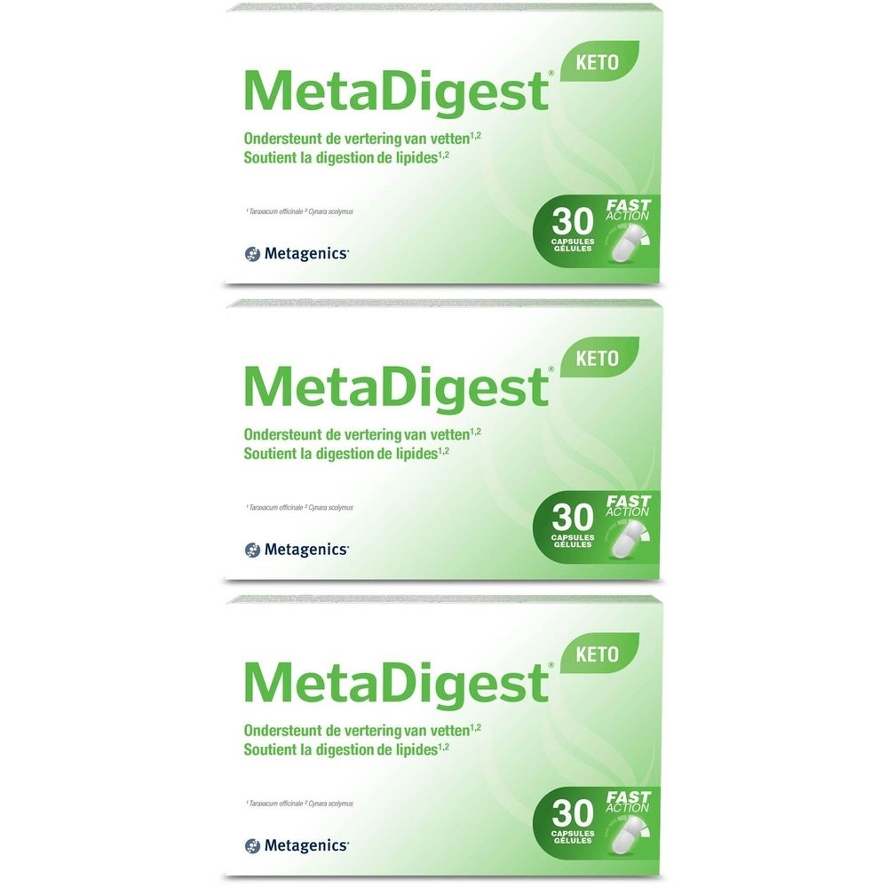 Trois boîtes vertes MetaDigest Keto. Chaque boîte contient 30 gélules et le logo Metagenics. Texte en néerlandais et français.