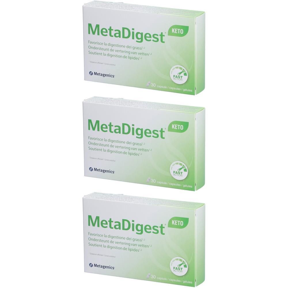 Trois boîtes vertes MetaDigest Keto. Inscription: MetaDigest, Keto, 30 gélules. Logo Metagenics.