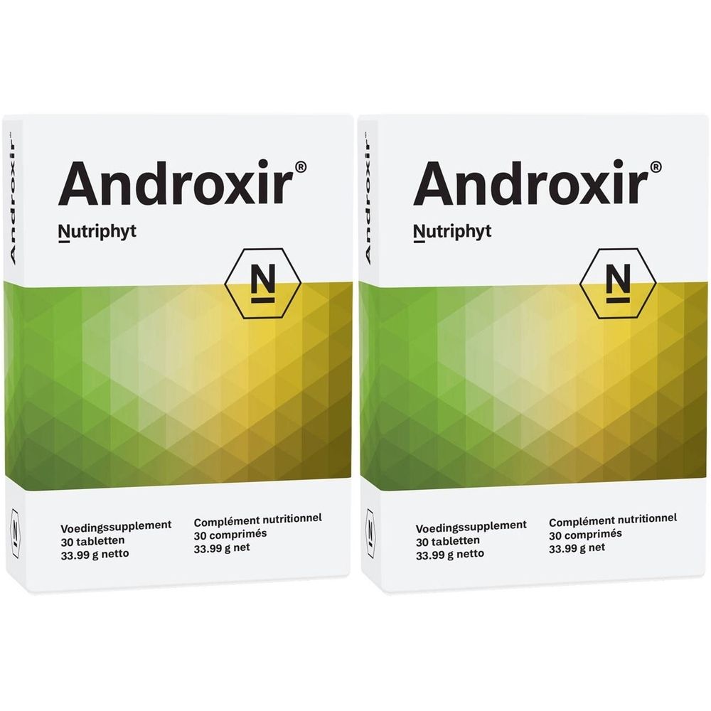 Twee dozen Androxir, Nutriphyt. Opschrift: Voedingssupplement, 30 tabletten, 33.99 g netto. Voedingssupplement, 30 tabletten, 33.99 g net.