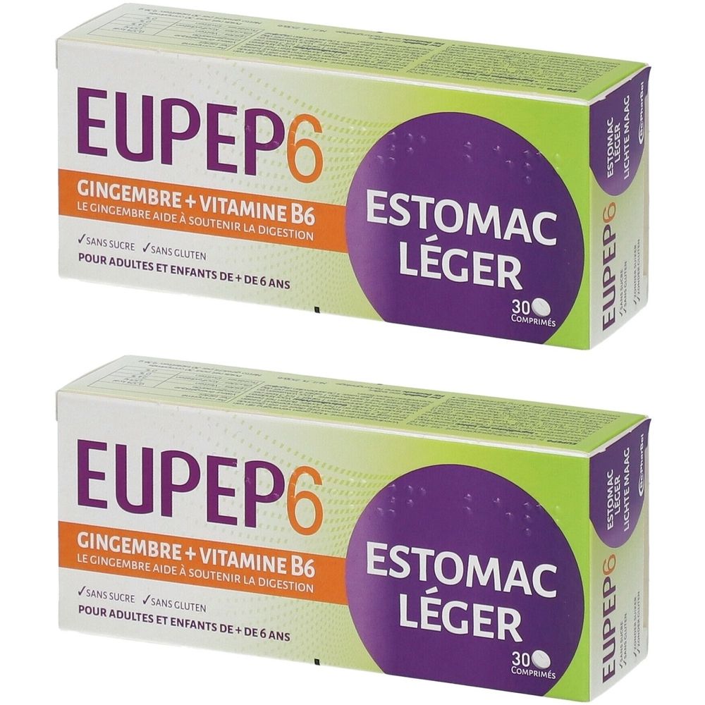 Twee dozen Eupep 6. Opschrift: Gember + Vitamine B6, voor volwassenen en kinderen vanaf 6 jaar. Verpakking met 30 tabletten.