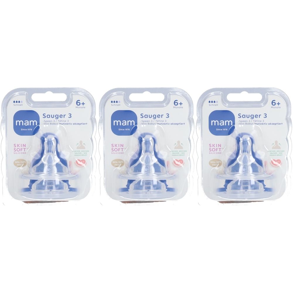 Drie transparante MAM Sauger 3 spenen in blisterverpakking. Aanbevolen leeftijd 6+. Opschrift: SKIN SOFT.