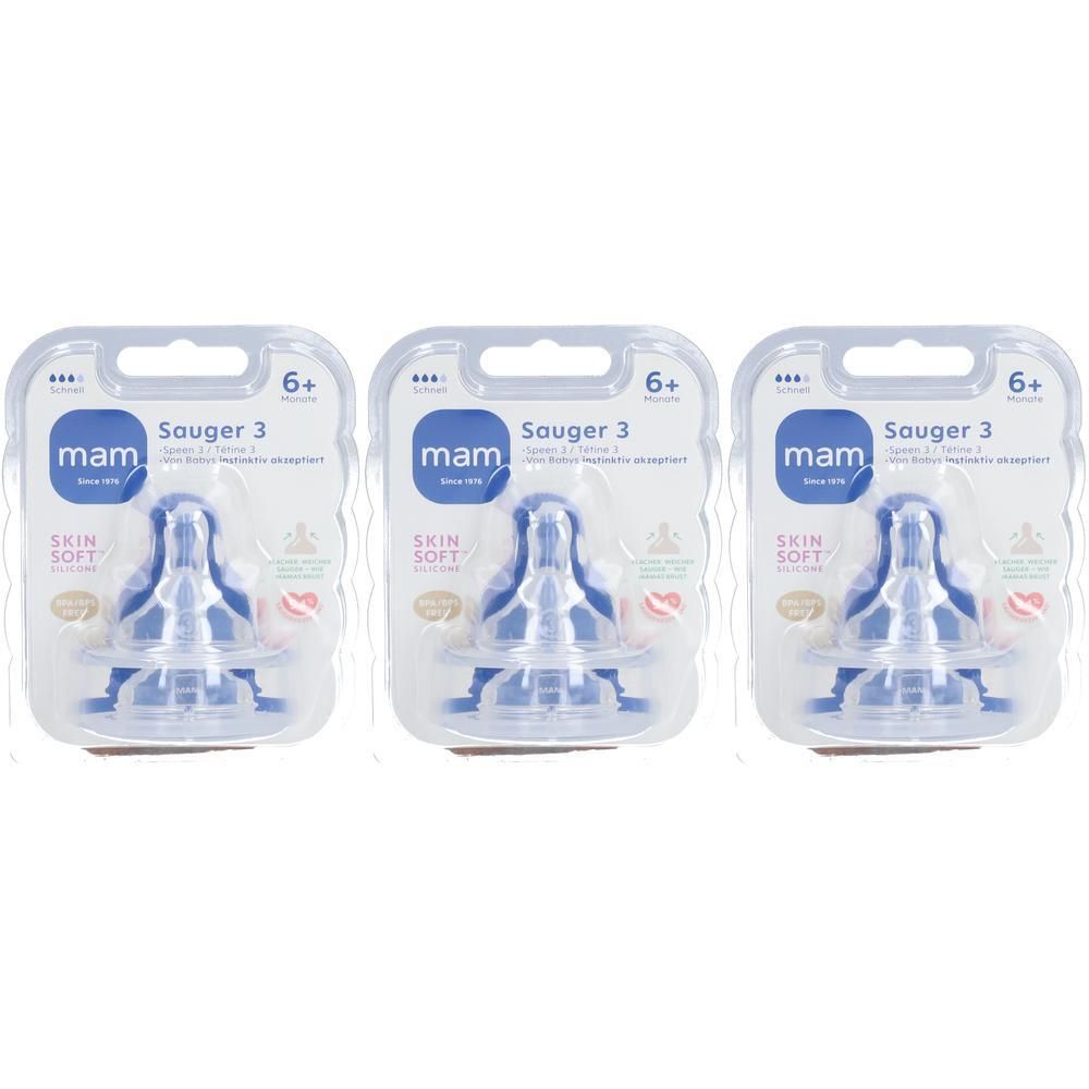 Trois tétines MAM, taille 3, en blister. Silicone, dès 6 mois. Marque, nom du produit et âge recommandés visibles.