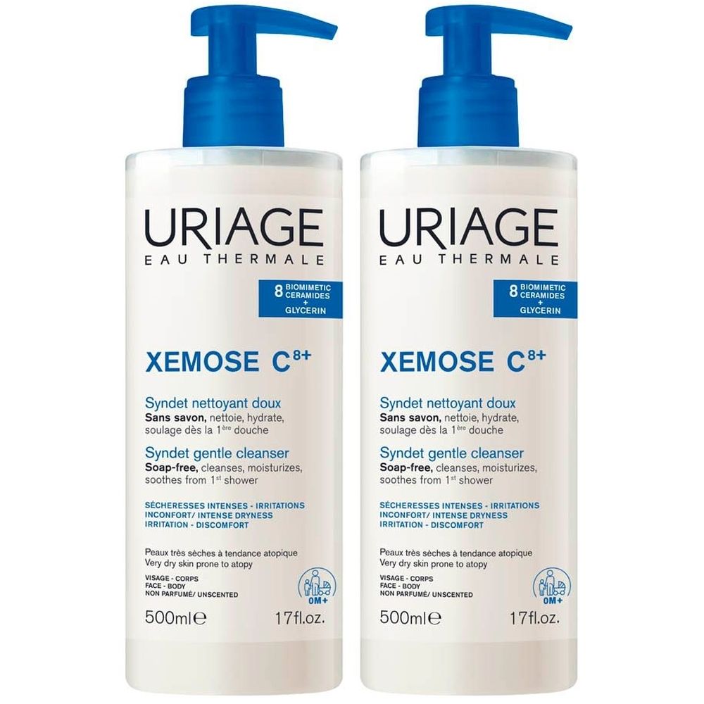 Twee witte flessen met blauwe pomp. Opschrift: Uriage, Xémose C8+, Syndet nettoyant doux. 500ml en 17fl.oz.