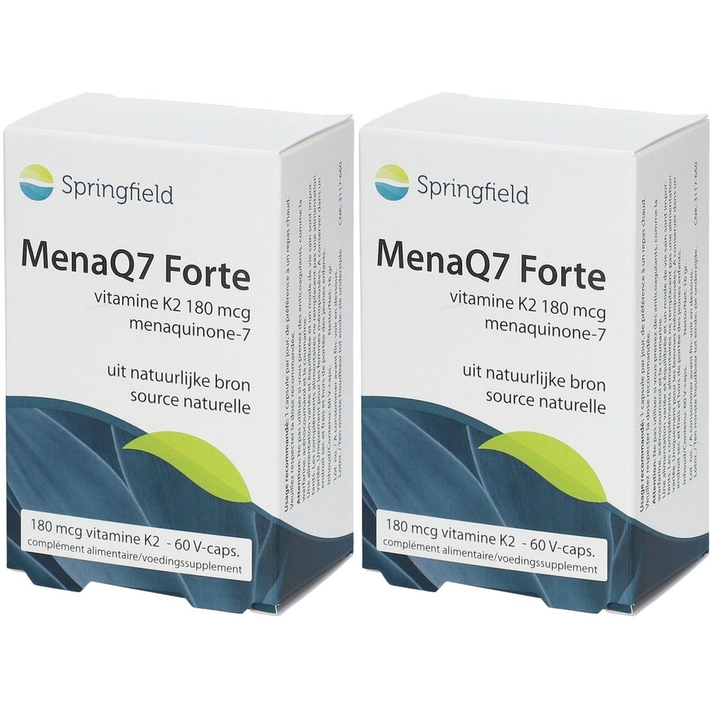 Deux boîtes blanches avec l'inscription Springfield MenaQ7 Forte, vitamine K2 180 mcg. Inscription en néerlandais et français.