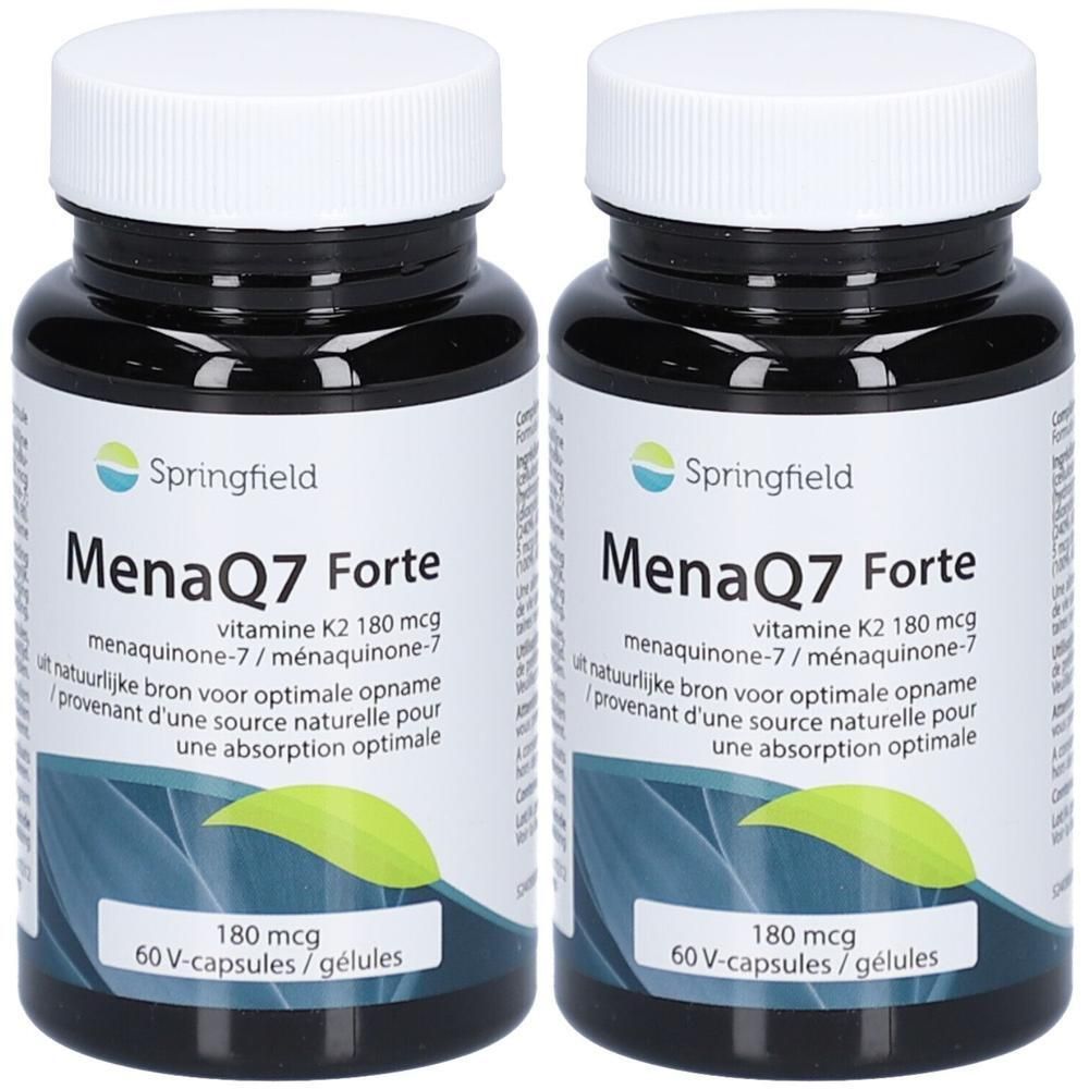 Deux flacons de Springfield MenaQ7 Forte. Flacons noirs avec couvercles et étiquettes blancs. Contient 60 gélules.