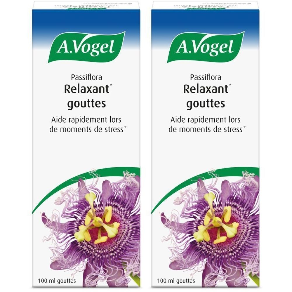 Deux boîtes de A.Vogel Passiflora Relaxant gouttes. Boîtes blanches avec logo, nom du produit et fleur de la passion.