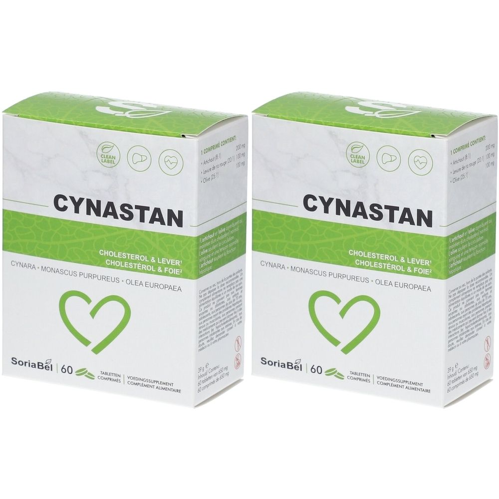 Deux boîtes CYNASTAN. Emballage vert et blanc avec symbole de cœur et informations produit. Marque Soria Bel.