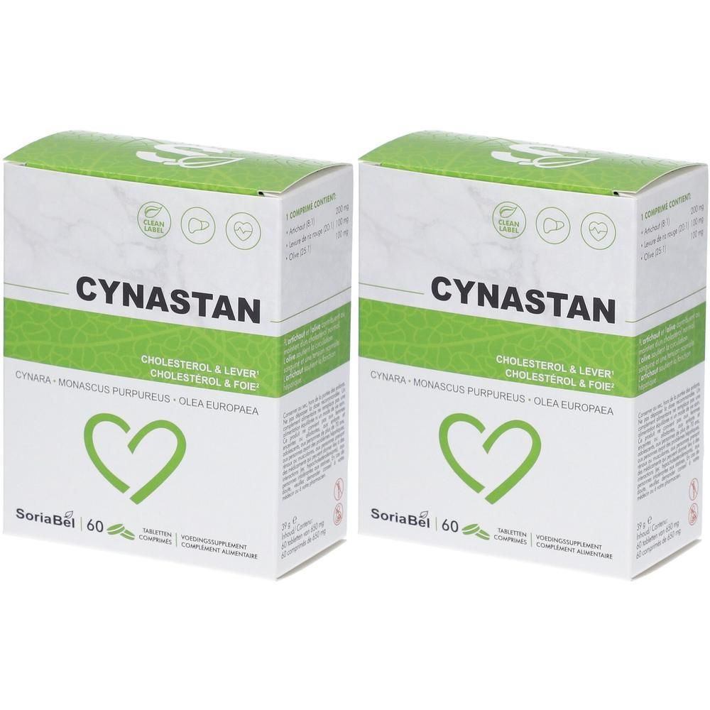 Twee dozen Cynastan. Witte verpakking met groen deksel. Opschrift Cynastan, Soria Natural, 60 tabletten.
