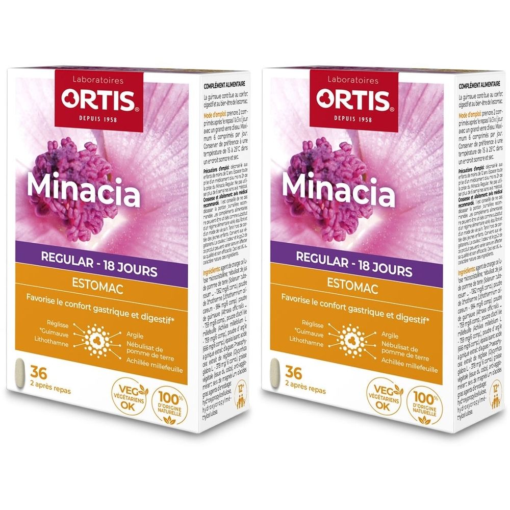 Twee dozen ORTIS Minacia REGULAR Estomac. Opschrift: 36 tabletten, VEG OK. Paarse en witte verpakking.