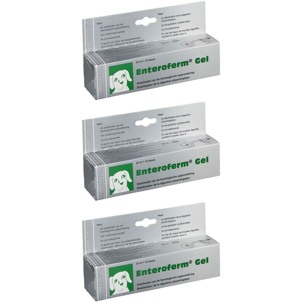 Trois boîtes de Enteroferm® Gel. Impression : logo, nom du produit, texte multilingue. Emballage avec trou de suspension.