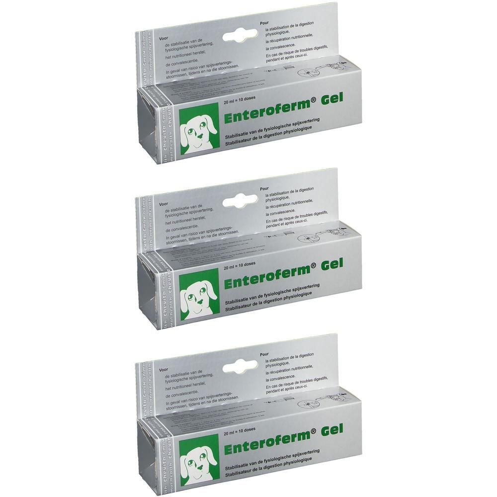 Drie dozen Enteroferm® Gel Chien. Zilveren verpakking met productnaam en hondafbeelding. Tekst in meerdere talen.