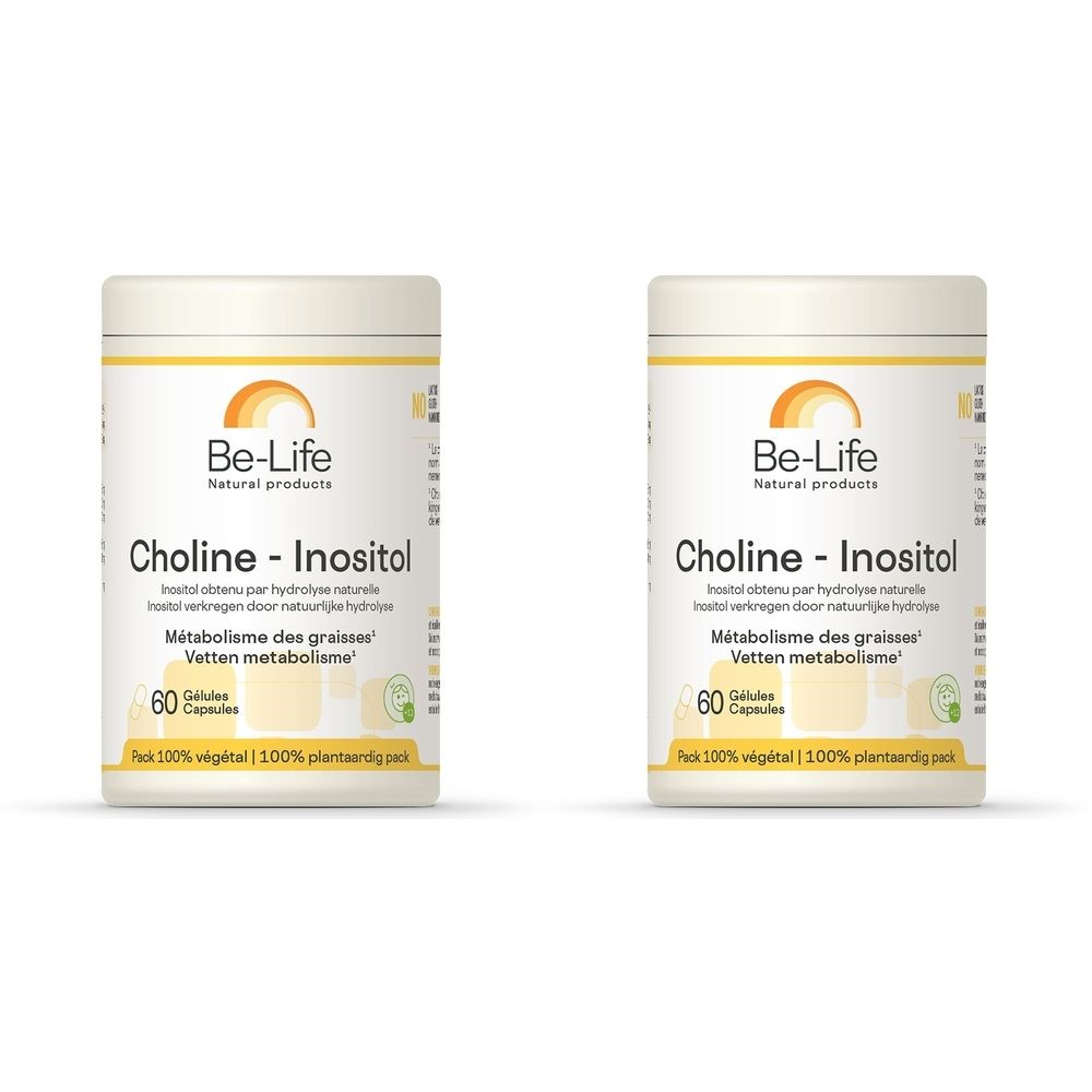 Deux boîtes blanches avec couvercle jaune. Inscription : Be-Life, Choline - Inositol. Contient 60 gélules. Texte en français et néerlandais.