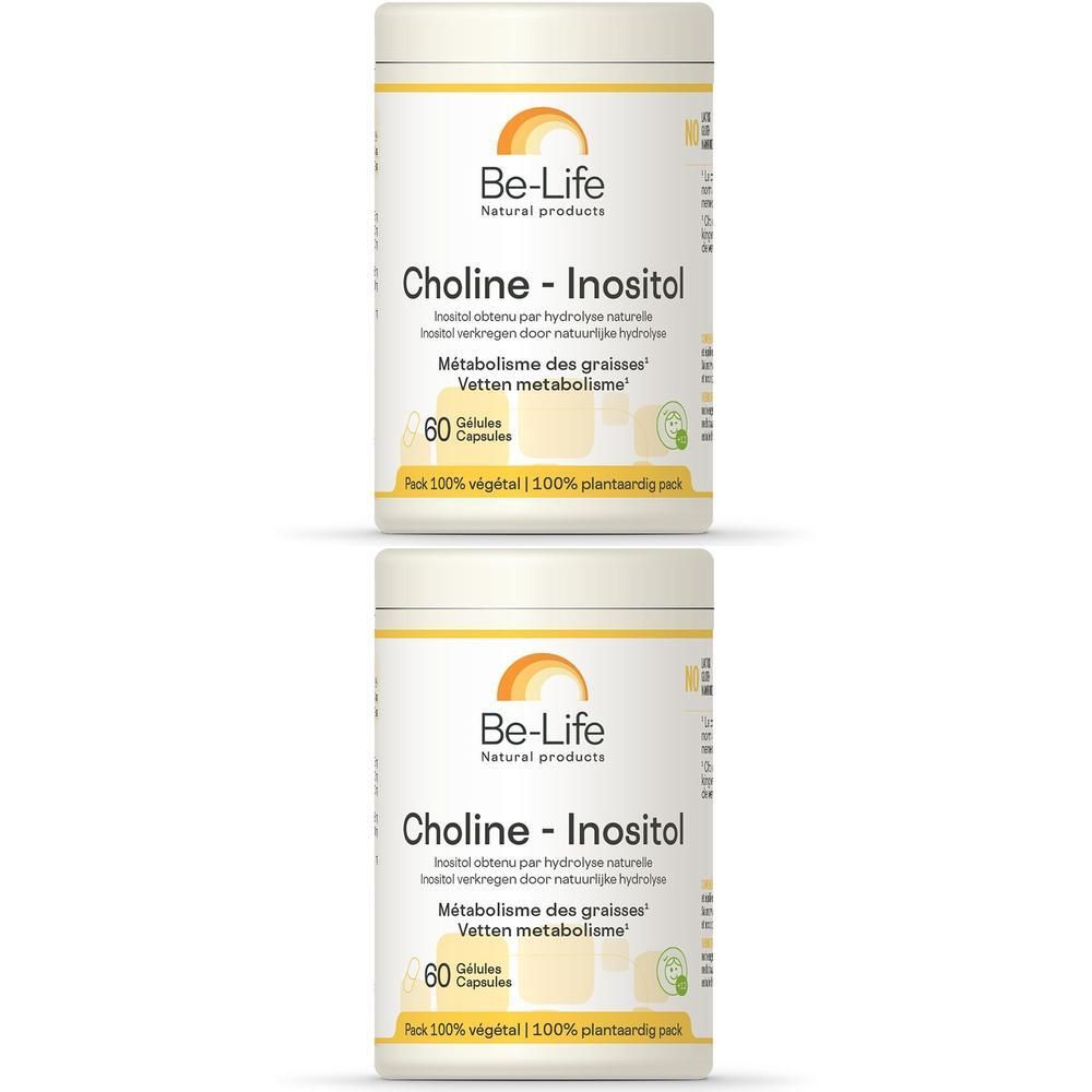 Twee witte potten met geel etiket. Opschrift: Be-Life Choline - Inositol. 60 capsules. 100% plantaardig.