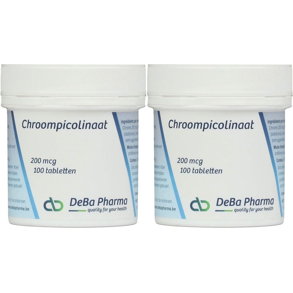 Twee witte potten met opschrift "Chroompicolinaat 200 mcg 100 tabletten". Merk: DeBa Pharma.