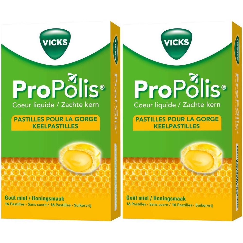 Deux boîtes de Vicks ProPolis. Inscription : Coeur liquide / Zachte kern, Pastilles pour la gorge / Keelpastilles. Goût miel. 16 pastilles.