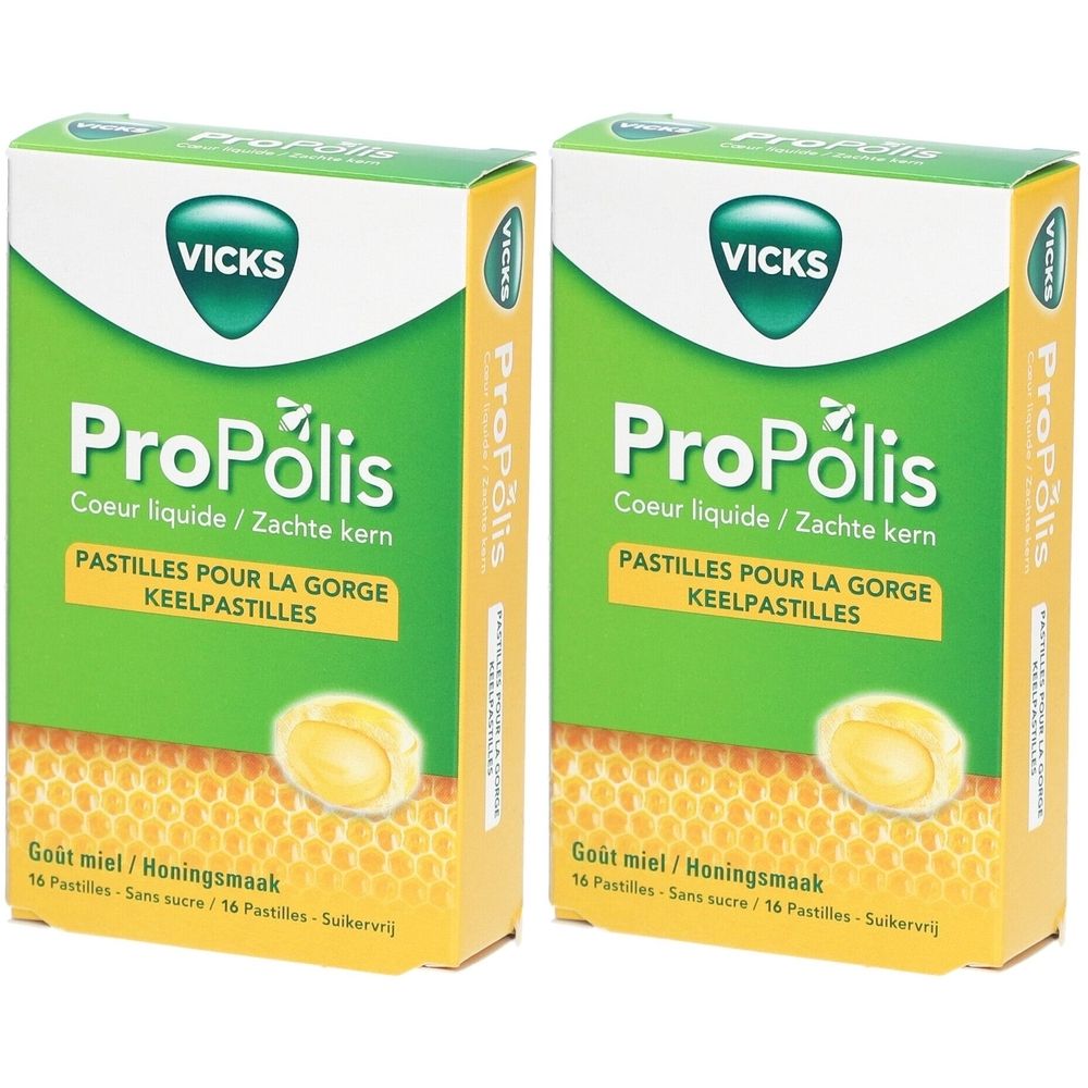 Deux boîtes de Vicks ProPólis. Vert et jaune. Inscription: Pastilles pour la gorge, 16 pastilles, goût miel.