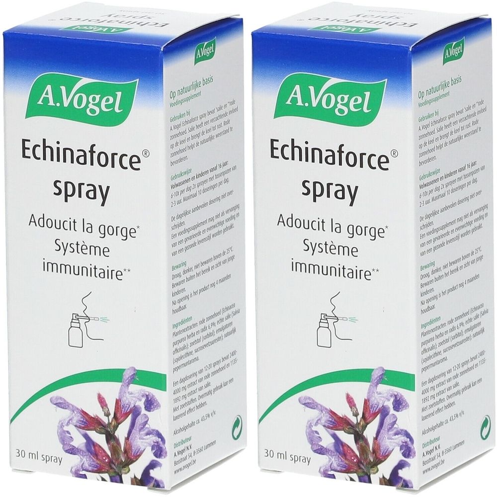 Deux boîtes de spray A.Vogel Echinaforce. Emballage bleu et blanc avec nom du produit et motif floral. 30 ml.