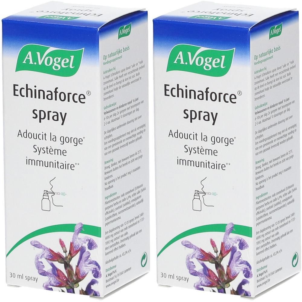 Twee dozen A.Vogel Echinforce Spray. Witte dozen met groene en blauwe accenten. Productnaam en logo duidelijk zichtbaar.