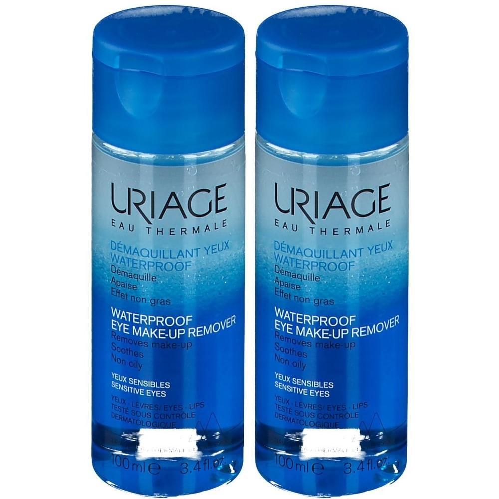 Twee flessen Uriage oogmake-up remover. Blauwe doppen en etiketten. Tekst: Waterproof Eye Make-up Remover.