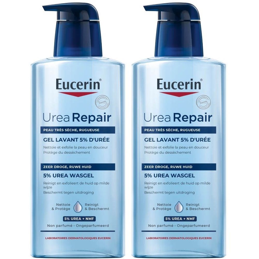 Deux flacons de gel lavant Eucerin UreaRepair. Flacons bleus avec pompe noire. Inscriptions multilingues.